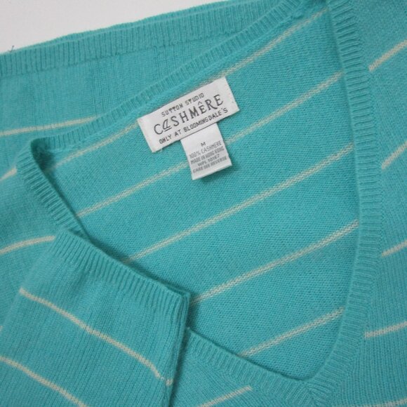 CASHMERE Aqua Blue Stripe Pullover Sweater Cuddly v Neck - Picture 6 of 10